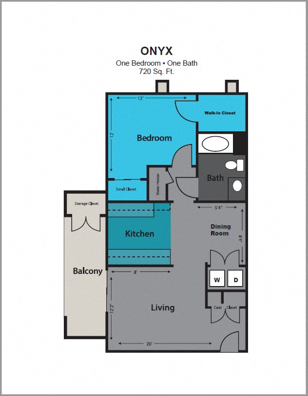 Floor plan for 1 bed, 1 bath, 720 sqft